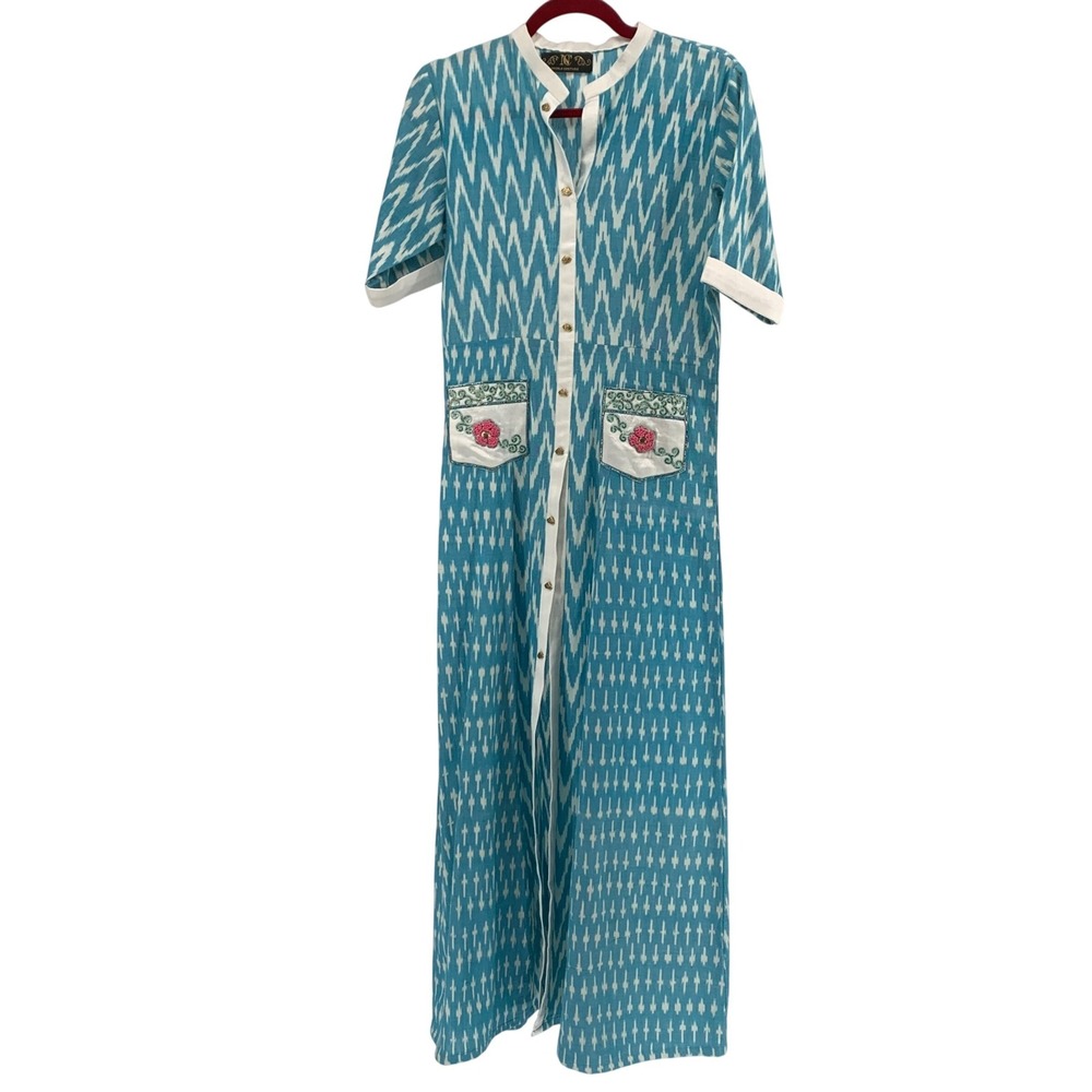 Nazila Couture Vintage Ikat 2 Piece Set Blue White Embroidered Top Pants Small